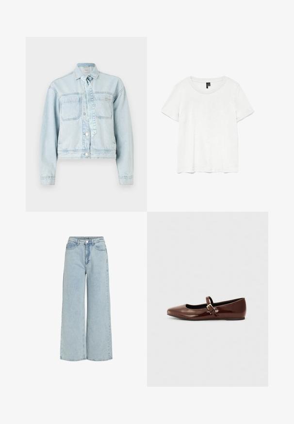 Lichtblauwe denimjack met twee borstzakken, een kraag en knoopsluiting. Beschikt over een strikdetail en een cropped ontwerp.; Witte t-shirt met korte mouwen en een ronde hals, gemaakt van lichte stof. Eenvoudig ontwerp, gladde textuur en rechte zoom.; Lichtblauwe wijdvallende jeans van denim met een hoge taille, frontzakken en een knoopsluiting. Bevat een vervaagde textuur en strakke lijnen.; Bruine gepatineerde leren balletschoen met een vierkante neus en een bandje met een kleine gouden gesp. Gladde textuur, lage hak en minimalistisch ontwerp.