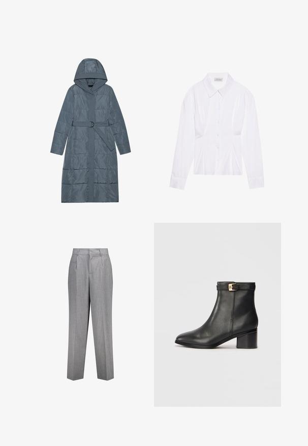 Pitkä siniharmaa päällystakki, jossa on huppu, kankainen vyö ja metallinen solki, sekä tikkaus yksityiskohtia edessä ja hihoissa.; Valkoinen pitkähiha blouse, jossa on klassinen kaulus, etuvetoketju ja ryppyinen sivudetalji. Pehmeä kangas ja muotoiltu leikkaus.; Harmaat raidalliset housut, joissa on muotoiltu istuvuus, suora lahjemuotoilu, sivutaskut ja teksturoitu kangas.; Musta nahkasaappaat nilkkapituisilla, joissa on sileä pinta, pyöreä kärki ja kultainen solki nilkkahihnassa. Tiilijalkapohja.