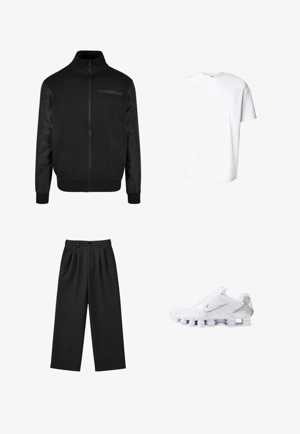Schwarze Zip-Jacke mit hohem Kragen, gerippten Bündchen und glatter Textur. Verfügt über eine kleine aufgesetzte Tasche auf der oberen linken Seite.; Ein schlichtes weißes T-Shirt mit kurzen Ärmeln, rundem Ausschnitt und leicht strukturierter Stoff, auf einem weißen Hintergrund dargestellt.; Schwarze, weit geschnittene Hose mit vorderen Falten, Gürtelschlaufen, Seitentaschen und Knopfverschluss am Bund.; Weiße Sportschuhe mit einer strukturierten Oberseite, einem silbernen Swoosh-Logo, Mesh-Einsätzen und einer markanten, segmentierten weißen Sohle.