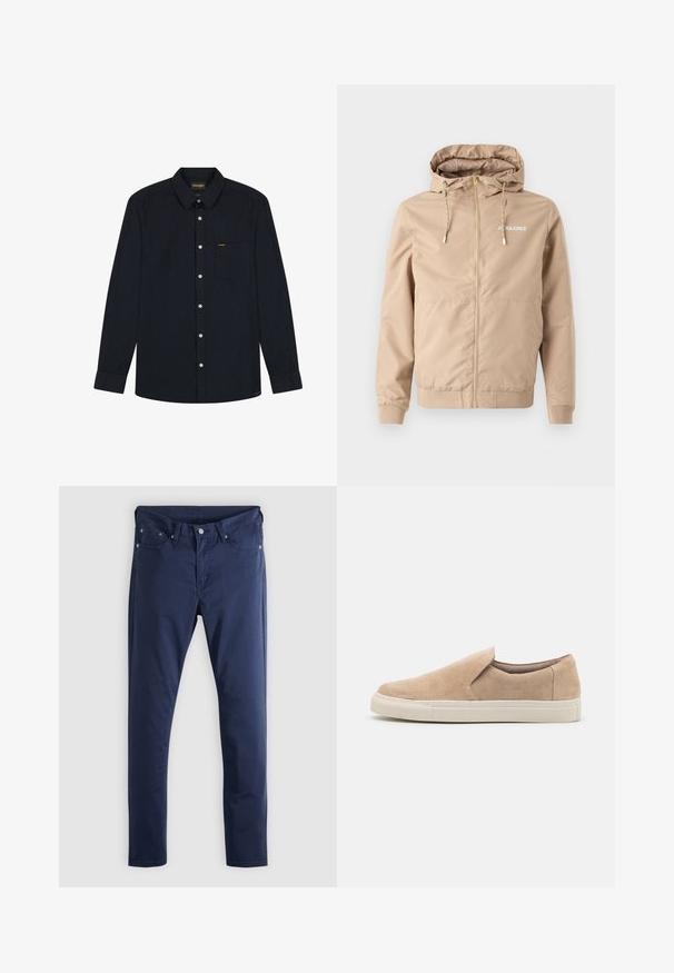 Beige zip-jakke med hætte, snoretræk, elastiske manchetter og i kanten. Har "JACK&JONES" logo i hvidt på venstre brystområde.; Langærmet sort skjorte med knapper, krave, frontlomme, hvide knapper og Wrangler-logo på lommen og kravelabel.; Marineblå bomuldsbukser med en slank pasform, der har et klassisk design med fem lommer og lynlås, glat tekstur og rene linjer.; Beige slip-on sko lavet af nubuck, med en afrundet tå, elastisk side og en hvid gummisål med teksturerede accenter.