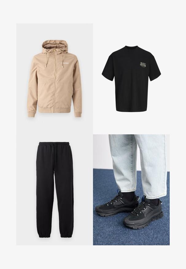 Chaqueta beige con cremallera y capucha, con cordones, puños elásticos y dobladillo. Presenta el logo "JACK&JONES" en blanco en la parte izquierda del pecho.; Camiseta negra de manga corta con pequeño texto blanco ""Palazzo Delle Rose"" en el lado izquierdo del pecho; diseño sencillo, sin otras características visibles.; Pantalones jogger negros hechos de una tela suave, con cintura elástica y cordón ajustable, y dobladillos en los tobillos.; Zapatillas deportivas negras con tejido texturizado y suelas de goma, con cordones elásticos y un acento azul en el talón. Combinadas con pantalones de mezclilla claros.