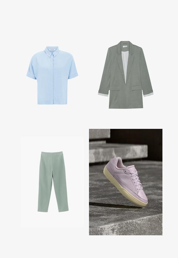 Lys grøn blazer med en struktureret design, enkeltknapslukning, to forlommer og stribede detaljer ved ærmerne. Lavet af blødt stof.; Lysblå kortærmet skjorte lavet af blødt stof, med knaplukning foran og klassisk krave. Glat tekstur og afslappet pasform.; Bukser med høj talje og lige ben i blød salviegrøn med folder foran, lavet af glat stof.; Lyse lilla Nike lædersneaker med beige sål, svævende over betontrin i udendørs omgivelser.