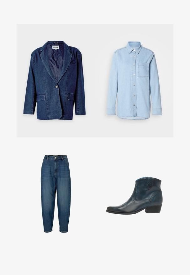 Blazer de denim azul oscuro con solapa muesca, cierre de un solo botón, dos bolsillos frontales y un forro interior suave.; Camisa de denim azul claro con botón en el frente, collar puntiagudo, un bolsillo en el pecho y mangas largas con puños abotonados.; Vaqueros de mezclilla azul de cintura alta con un corte relajado, que presentan bolsillos frontales, cierre de cremallera y un leve desgaste en la tela.; Botas de cowboy hasta el tobillo, hechas de cuero azul oscuro, con punta afilada, acentos curvados y un tacón bajo apilado con sutiles detalles de costura.