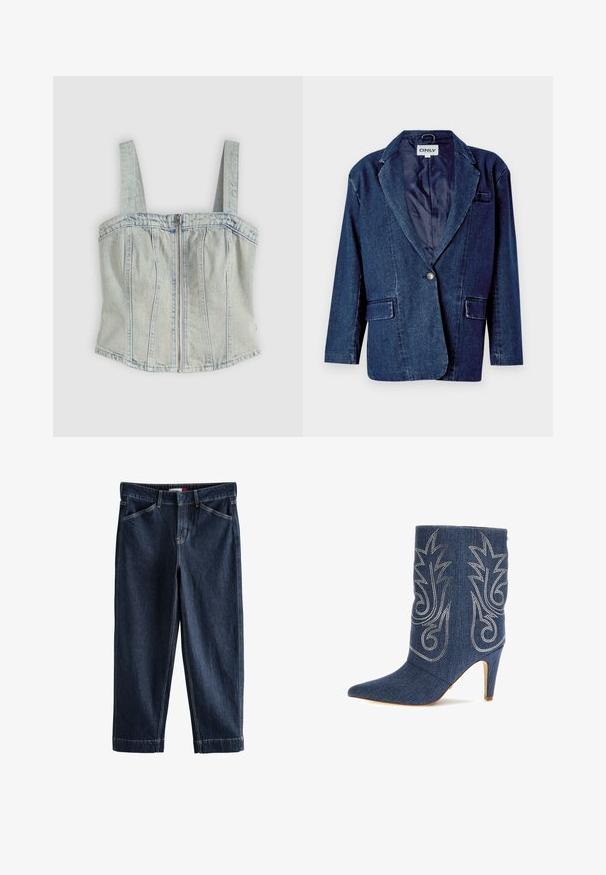 Blazer de denim azul oscuro con solapa muesca, cierre de un solo botón, dos bolsillos frontales y un forro interior suave.; Top corset de mezclilla azul claro con tirantes anchos, cierre frontal con cremallera, detalles de costuras verticales y dobladillo recto.; Vaqueros denim azul oscuro de corte recto, con bolsillos delanteros y trabillas para cinturón, mostrados extendidos sobre un fondo blanco.; Botín de mezclilla con punta afilada, diseño curvado, costura decorativa plateada y tacón de aguja de 3 pulgadas. Azul oscuro con acabado texturizado.