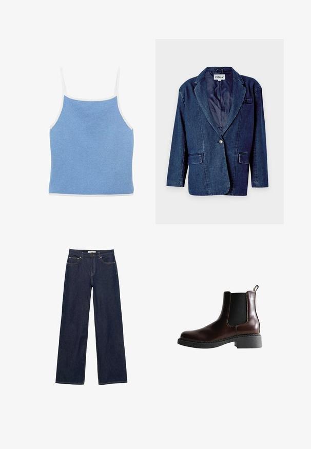 Donkerblauwe denim blazer met een gegoten revers, enkele knoopsluiting, twee voorkruistassen en een gladde binnenvoering.; Lichtblauwe gebreide tanktop met witte accenten, met dunne schouderbandjes en een aansluitend ontwerp met een gladde, textuur oppervlakte.; Donkerblauwe spijkerbroek met brede rechte pijpen, voorzakken en een knoop- en ritssluiting.; Bruine leren enkelboot met elastische zijpanelen, ronde neus en een gestructureerde zwarte rubberen zool. Heeft contrasterende stiksels en een lusje aan de achterkant.