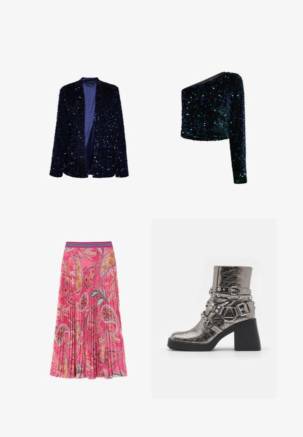 Sort langærmet blazer dækket med små blå palietter med åben front og glat blå inderforing.; Sort one-shoulder top dækket af grønne og blå pailletter med én lang ærme og asymmetrisk halsudskæring.; Lyserød plisseret nederdel med blomster- og paisleymønstre, med en kontrasterende turkise stribet talje. Lavet af letvægtsstof.; Metallic sølv ankelsko med flere sorte stropper, sølvnitter og en kraftig sort hæl. Struktureret overflade med en blank finish.