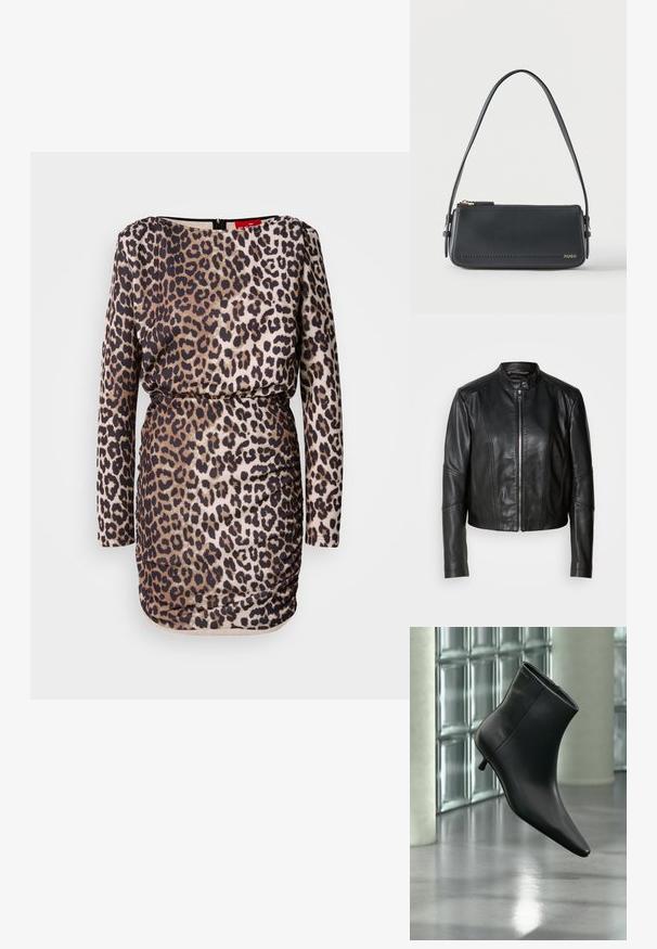 Zwarte leren jas met een hoge kraag, voorrits en getailleerd ontwerp. Heeft hoekige naden en een cropped lengte. Gladde textuur.; Leopardprint jurk met lange mouwen, ronde halslijn, geplisseerde details en een aangesloten silhouet. Gemaakt van glad, rekbaar materiaal.; Zwarte leren enkellaars met spits toelopende neus en lage kittenhak, schuin weergegeven tegen een gepolijste vloer en een glazen blokken muur als achtergrond.; Zwarte rechthoekige lederen schoudertas met gouden ritssluiting en klein goudkleurig "HUGO"-logo aan de voorkant, voorzien van een verstelbare riem met gesp.