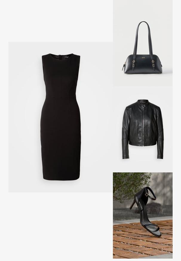 Veste en cuir noir avec un col haut, fermeture éclair sur le devant et coupe ajustée. Présente des coutures angulaires et une longueur courte. Texture lisse.; MARCIANO BY GUESS ZIP MIDI DRESS - Robe en jersey - black; Sandale noire à talon haut avec sangle à la cheville, suspendue au-dessus d'un sol en carreaux de bois à l'extérieur, avec un arrière-plan flou de verdure et de pierre.; Sac à main en cuir noir avec accents dorés, double bandoulière et logo "HUGO" à l'avant, sur un fond blanc uni.