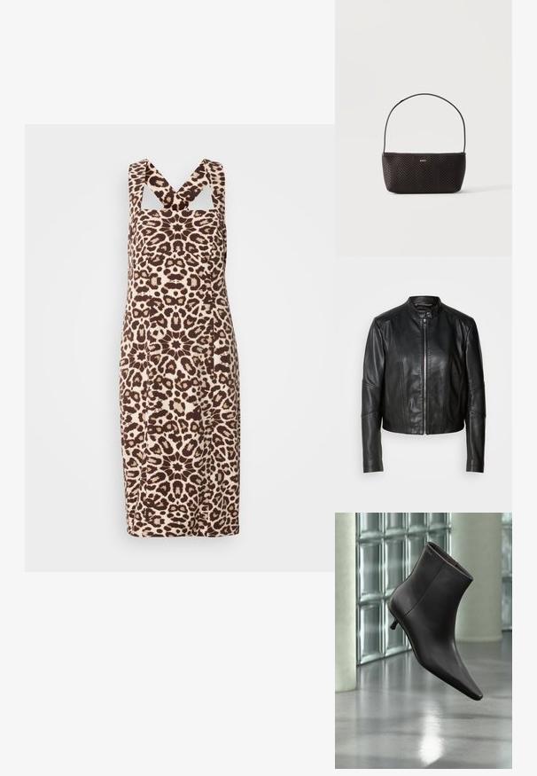Veste en cuir noir avec un col haut, fermeture éclair sur le devant et coupe ajustée. Présente des coutures angulaires et une longueur courte. Texture lisse.; Robe imprimée léopard au design ajusté, avec de larges bretelles et des découpes. Fabriquée dans un tissu lisse aux tons marron et beige.; Bottine en cuir noir avec bout pointu et petit talon, présentée devant un mur en blocs de verre et un sol poli.; Sac à main noir tissé texturé avec une seule bandoulière et un petit logo doré "BOSS" au centre devant.