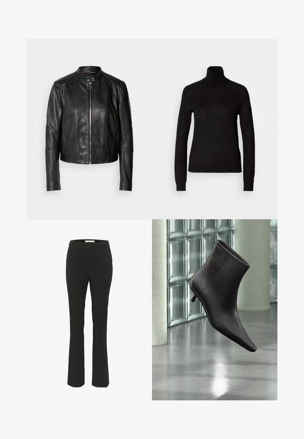 Veste en cuir noir avec un col haut, fermeture éclair sur le devant et coupe ajustée. Présente des coutures angulaires et une longueur courte. Texture lisse.; Pull à col roulé noir en tissu tricot léger. Avec des manches longues et une silhouette ajustée dotée de coutures raglan.; Pantalons noirs ajustés avec une coupe slim, bas évasé, devant plat et sans poches visibles. Fabriqués en tissu lisse avec des coutures minimales.; Bottine en cuir noir avec bout pointu et petit talon, présentée devant un mur en blocs de verre et un sol poli.