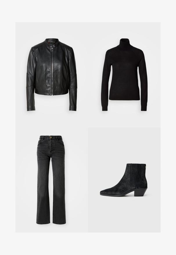 Veste en cuir noir avec un col haut, fermeture éclair sur le devant et coupe ajustée. Présente des coutures angulaires et une longueur courte. Texture lisse.; Pull à col roulé noir en tissu tricot léger. Avec des manches longues et une silhouette ajustée dotée de coutures raglan.; Jean en denim noir avec taille haute, coupe droite, fermeture à bouton en laiton et décoloration subtile. Comprend quatre poches et des détails cousus.; Bottine noire à bout pointu, en matériau texturé imitant les cheveux, avec un panneau latéral à nervures et un petit talon carré. Un design simple et moderne.