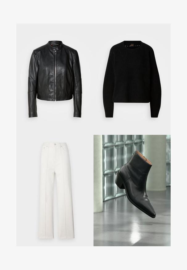 Veste en cuir noir avec un col haut, fermeture éclair sur le devant et coupe ajustée. Présente des coutures angulaires et une longueur courte. Texture lisse.; Pull en maille noir avec un col rond et une texture côtelée. Présente des détails subtils autour de l'encolure et des manches longues et droites.; Pantalon large en denim blanc à taille haute, avec des coutures verticales et une fermeture à bouton à l'avant. Texturé lisse avec un design épuré.; Bottine en cuir noir avec un bout pointu et un talon carré lévitant au-dessus d'un sol gris réfléchissant près d'un mur en blocs de verre.
