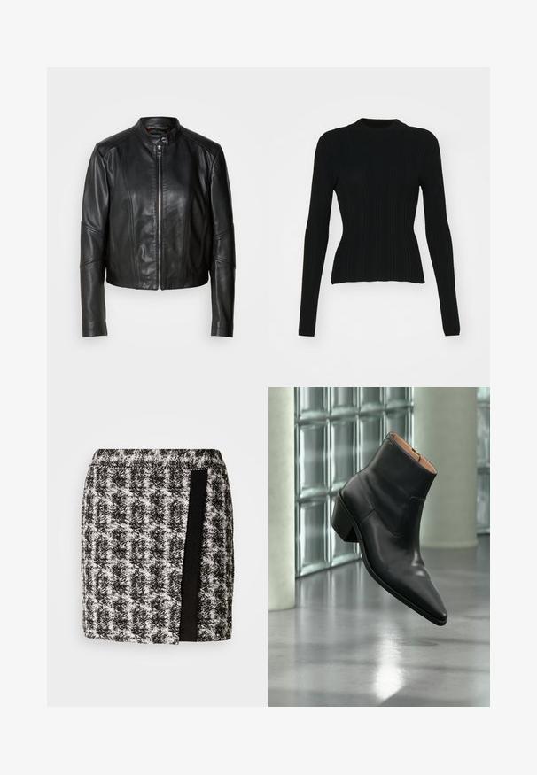 Sort læderjakke med høj krave, lynlås foran og tætsiddende design. Har vinklede sømme og en kort længde. Glat tekstur.; Sort ribbet langærmet sweater med høj hals og tætsiddende silhuet. Materialet ser strækbart ud med lodrette linjer. Kortere snit ved kanten.; Sort og hvid houndstooth nederdel med elastisk talje, der har et sort stofpanel på siden. Kortskaft, tekstureret stof.; Sort læderankelstøvle med spids tå og blokhæl, der svæver over en reflekterende grå gulv nær en væg af glasblokke.