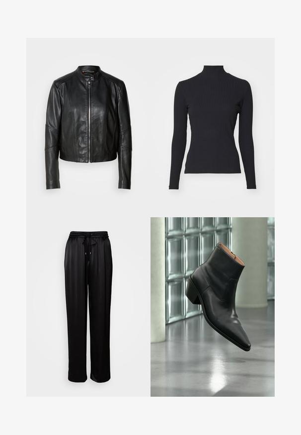 Sort læderjakke med høj krave, lynlås foran og tætsiddende design. Har vinklede sømme og en kort længde. Glat tekstur.; Sort ribbet turtle-sweater med lange ærmer. Lavet af strækbart stof med en tætsiddende pasform og høj krave. Enkel design uden udsmykninger.; Sorte, løstsiddende bukser med elastisk talje og snøre, præsenteret mod en ensfarvet hvid baggrund.; Sort læderankelstøvle med spids tå og blokhæl, der svæver over en reflekterende grå gulv nær en væg af glasblokke.