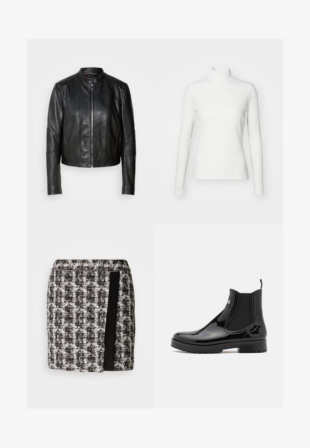 Sort læderjakke med høj krave, lynlås foran og tætsiddende design. Har vinklede sømme og en kort længde. Glat tekstur.; Hvid ribbet turtleneck blouse med lange ærmer, lavet af elastisk stof. Har et tætsiddende design og høj hals for god dækning.; Sort og hvid houndstooth nederdel med elastisk talje, der har et sort stofpanel på siden. Kortskaft, tekstureret stof.; HUGO TABITA - Gummistøvler - black