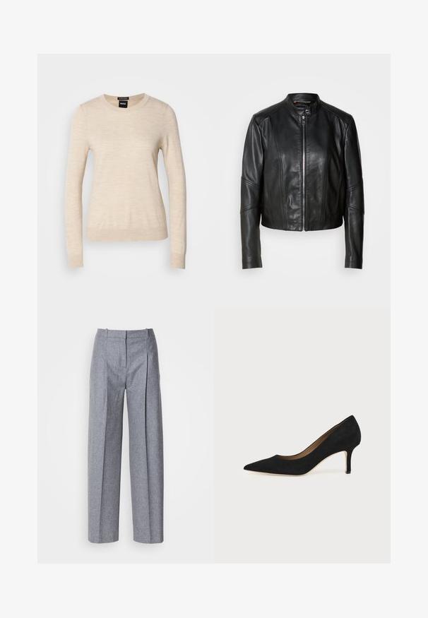 Sort læderjakke med høj krave, lynlås foran og tætsiddende design. Har vinklede sømme og en kort længde. Glat tekstur.; BOSS FERPINA - Striktrøje - light beige; Lys grå bredbenede bukser i et struktureret stof, med plisseringer foran og en skræddersyet talje. Minimalistisk design, ingen synlig hardware.; Sort ruskind spids tå højhælet pumpe med en slank mellemhøj stilethæl og et lavt snit på en ensfarvet baggrund.
