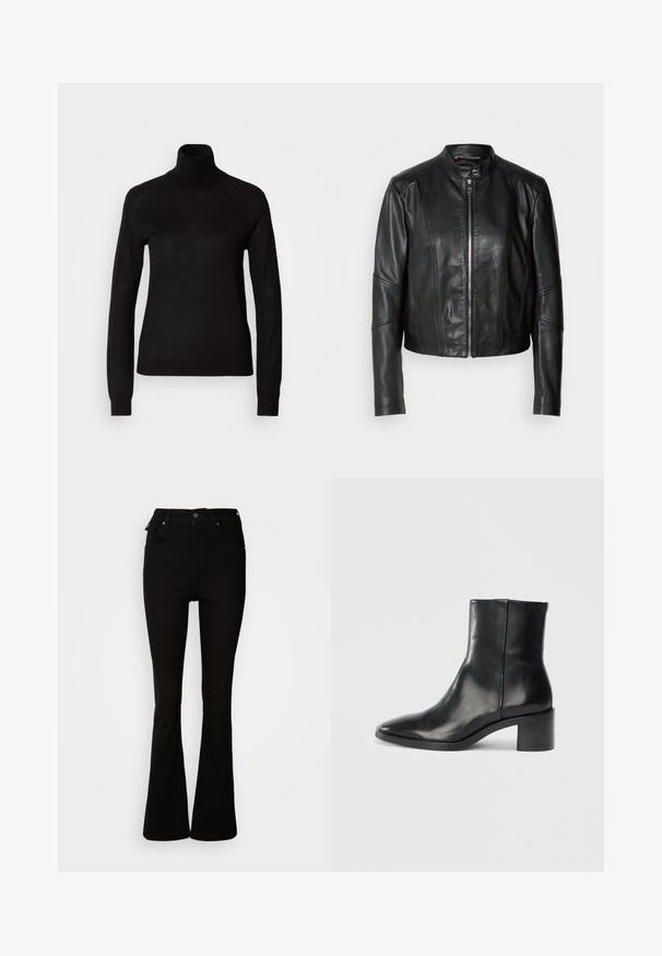 Chaqueta de cuero negro con cuello alto, cremallera frontal y diseño ajustado. Presenta costuras angulares y una longitud corta. Textura suave.; Suéter negro de cuello alto hecho de un tejido de punto ligero. Presenta mangas largas y una silueta ajustada con costuras raglán.; Jeans acampanados negros de denim, con una cintura alta, bolsillos frontales y un diseño clásico de cinco bolsillos con acentos de metal.; Botín de cuero negro hasta el tobillo con punta afilada, tacón bajo y bloque, y sutil logotipo embosado. Textura suave con un diseño elegante y costuras mínimas.