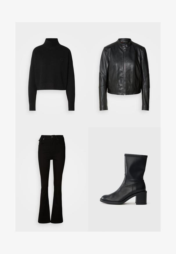Sort læderjakke med høj krave, lynlås foran og tætsiddende design. Har vinklede sømme og en kort længde. Glat tekstur.; Sort cropped sweater, ribbede turtleneck, lange ærmer, strikket tekstur, med et lille logo på brystet.; Sorte flare jeans lavet af denim, med høj talje, forlommer og et klassisk fem-lomme design med metalhardware detaljer.; Sort læder ankelstøvle med rund tå, glat tekstur og en grov hæl, der har et tætsiddende skaft og subtil syning.