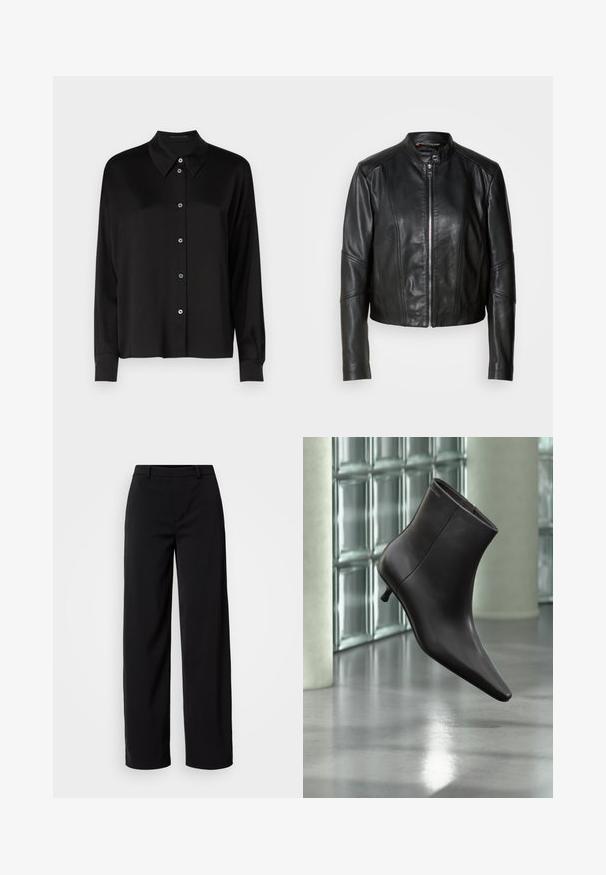 Veste en cuir noir avec un col haut, fermeture éclair sur le devant et coupe ajustée. Présente des coutures angulaires et une longueur courte. Texture lisse.; Chemise noire à manches longues avec un col classique, présentant un devant boutonné avec des boutons bleus et un tissu lisse et texturé.; Pantalons larges noirs en tissu lisse, dotés d'une taille classique et d'une silhouette ajustée avec des poches avant.; Bottine en cuir noir avec bout pointu et petit talon, présentée devant un mur en blocs de verre et un sol poli.