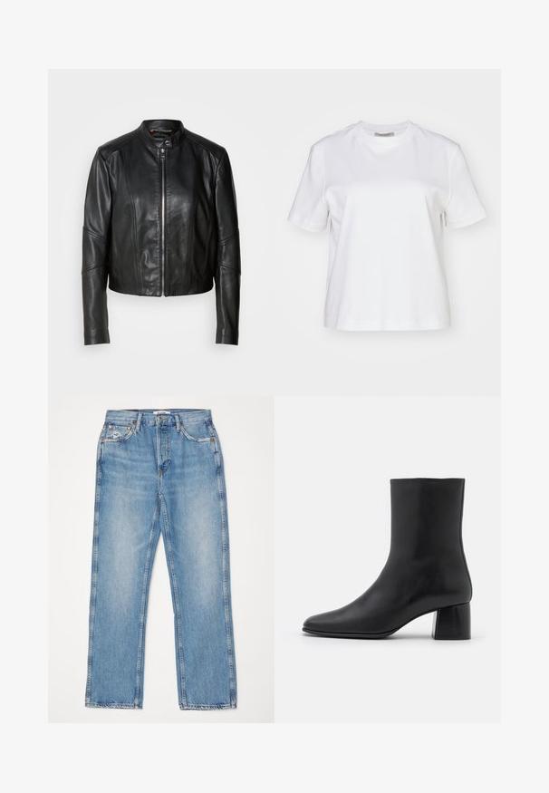 Zwarte leren jas met een hoge kraag, voorrits en getailleerd ontwerp. Heeft hoekige naden en een cropped lengte. Gladde textuur.; AllSaints LISA TEE - T-shirt basic - white; RE/DONE HIGH RISE - Straight leg jeans - worn blue; Zwarte leren enkelboot met een spitse neus en een chunky vierkante hak. Glad oppervlak met een naadloos ontwerp en minimalistische stiksels.