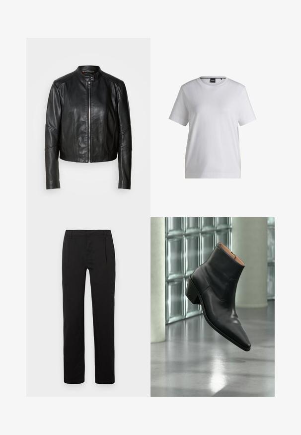 Veste en cuir noir avec un col haut, fermeture éclair sur le devant et coupe ajustée. Présente des coutures angulaires et une longueur courte. Texture lisse.; T-shirt en coton blanc avec un col rond, des manches courtes et une coupe décontractée. Il présente une petite étiquette de marque près du col.; Pantalon noir à jambes droites, doté d'une texture lisse, de plis à l'avant et d'une ceinture standard. Aucun motif ou accent notable.; Bottine en cuir noir avec un bout pointu et un talon carré lévitant au-dessus d'un sol gris réfléchissant près d'un mur en blocs de verre.