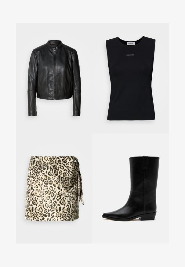 Veste en cuir noir avec un col haut, fermeture éclair sur le devant et coupe ajustée. Présente des coutures angulaires et une longueur courte. Texture lisse.; Top sans manches noir en tissu lisse. Doté d'un col rond et d'un petit logo Calvin Klein au centre. Design simple et ajusté.; Jupe portefeuille imprimée léopard en beige et noir, avec un détail noué. Texture douce avec un design drapé et un ourlet au-dessus du milieu de la cuisse.; Botte de cowboy en cuir noir mi-mollet avec bout pointu, petit talon empilé et languette de tirage en haut sur un fond uni.