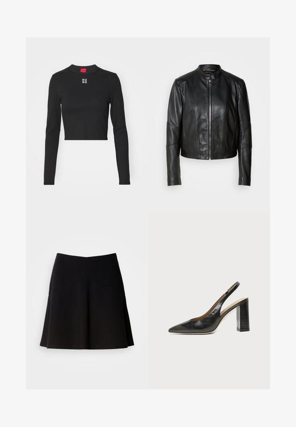 Sort læderjakke med høj krave, lynlås foran og tætsiddende design. Har vinklede sømme og en kort længde. Glat tekstur.; Sort langærmet cropped top lavet af glat stof, med rund hals og hvid "HUGO" logo på brystet.; Sort flagrende nederdel lavet af blødt stof, med en tætsiddende talje og sømdetaljer. Glat tekstur med et enkelt, klassisk design.; Sort læder peep-toe slingback sko med høj blokhæl og beige indvendig foring mod en ensfarvet lys baggrund.