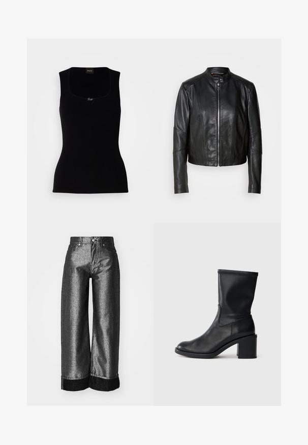 Veste en cuir noir avec un col haut, fermeture éclair sur le devant et coupe ajustée. Présente des coutures angulaires et une longueur courte. Texture lisse.; Débardeur noir côtelé avec un décolleté carré, arborant un petit logo en accent au centre. Confectionné dans un matériau doux et texturé.; Jeans à jambes larges en denim gris métallique foncé avec une texture lisse. Comprend un revers en denim noir et une fermeture à bouton classique avec passants de ceinture.; Botte en cuir noir à cheville avec un bout rond, texture lisse et un talon épais, présentant un tige ajustée et un subtil détail de couture.