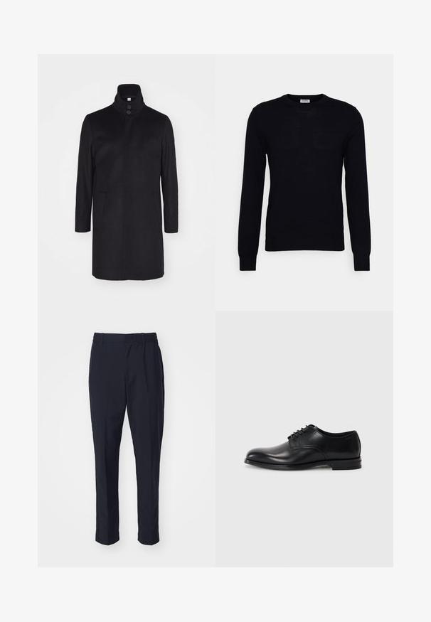 Sort uldfrakke med høj krave, to forlommer og tre-knaps lukning. Lige snit og glat struktur, minimalistisk design.; Sort langærmet sweater lavet af blødt strikket materiale. Rund halsudskæring, ribbede manchetter og kant. Minimalistisk design uden synlige mønstre eller knapper.; Marineblå bukser med en glat tekstur, elastisk talje og tapered ben-design. Uden synlige lommer eller udsmykninger.; Sorte læderherresko med rund tå, snørebåndsdesign, glat overflade og en lavprofil gummisål. Minimal syning detaljer.
