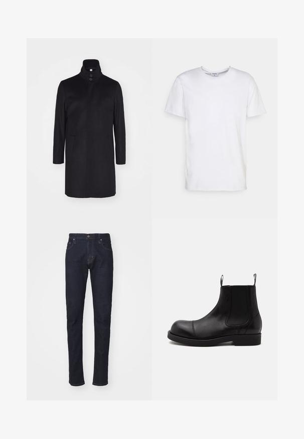 Sort uldfrakke med høj krave, to forlommer og tre-knaps lukning. Lige snit og glat struktur, minimalistisk design.; Hvid kortærmet t-shirt lavet af bomuld. Har en rund halsudskæring og en afslappet pasform uden synlige mønstre eller detaljer.; Mørkeblå denimjeans med slim fit, fem-lomme design og knaplukning. Har kontrastsyninger og lige benform.; Sort læder Chelsea-støvle med rund tå, elastiske sidepaneler, stropper foran og bagpå, flad sål, vist fra siden på hvid baggrund.