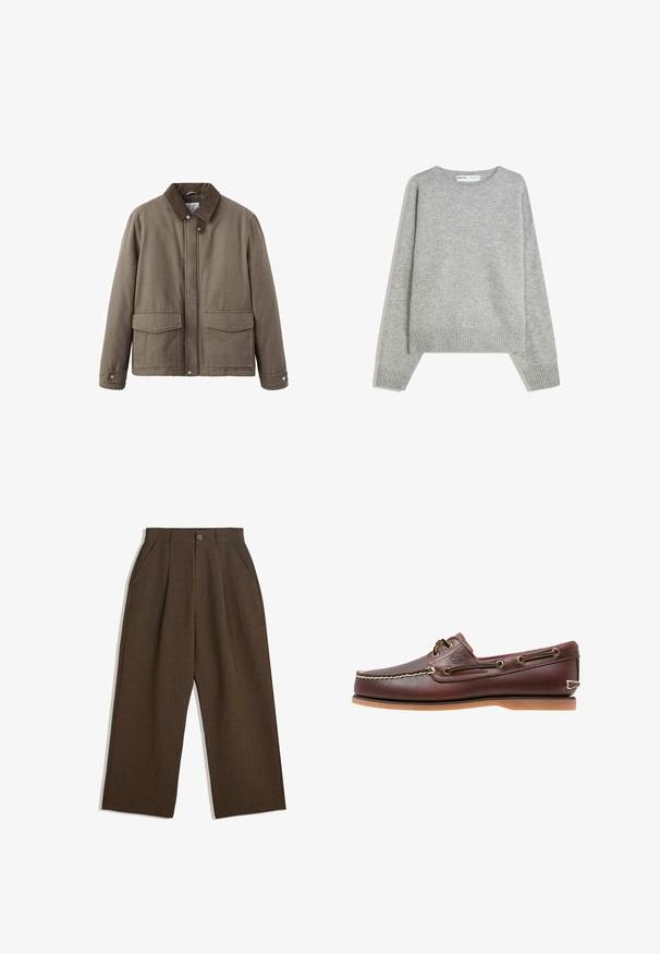 Braune Canvasjacke mit Kragen, vorderer Druckknopfverschluss und zwei großen Taschen. Verfügt über eine lockere Passform und eine strukturierte Stoffqualität.; Grauer Strickpullover mit Rundhalsausschnitt, Rippbündchen und -saum, mit entspannter Passform und weichem Material.; Braune Plisseehosen mit weitem Bein, ausgestattet mit einem Knopfverschluss und seitlichen Taschen, aus strukturiertem Stoff, der sich gut für Freizeitkleidung eignet.; Brauner Leder-Bootsschuh mit weißen Nähten, Schnürdetails und hellbrauner Gummisohle, seitlich auf weißem Hintergrund gezeigt.