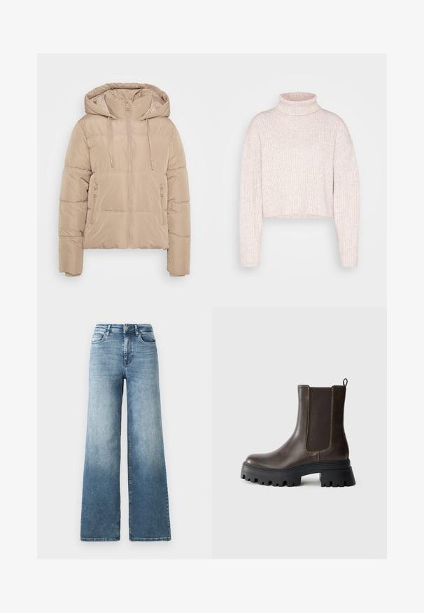 Chaqueta de invierno acolchada beige con capucha, cierre frontal de cremallera, cordones y dos bolsillos laterales con cremallera, mostrada sobre fondo blanco.; Suéter de cuello alto de canalé en rosa claro, de longitud corta, con mangas largas y una textura suave. Diseño minimalista sin ninguna herrajes visibles.; Jeans de denim de pierna ancha en lavado azul claro, con cintura alta, diseño de cinco bolsillos y un ligero desvanecimiento en la tela. Cierre clásico con botón de metal.; Botín de piel marrón con paneles laterales elásticos, suela de goma negra gruesa, tacón elevado y detalles de costura en contraste.