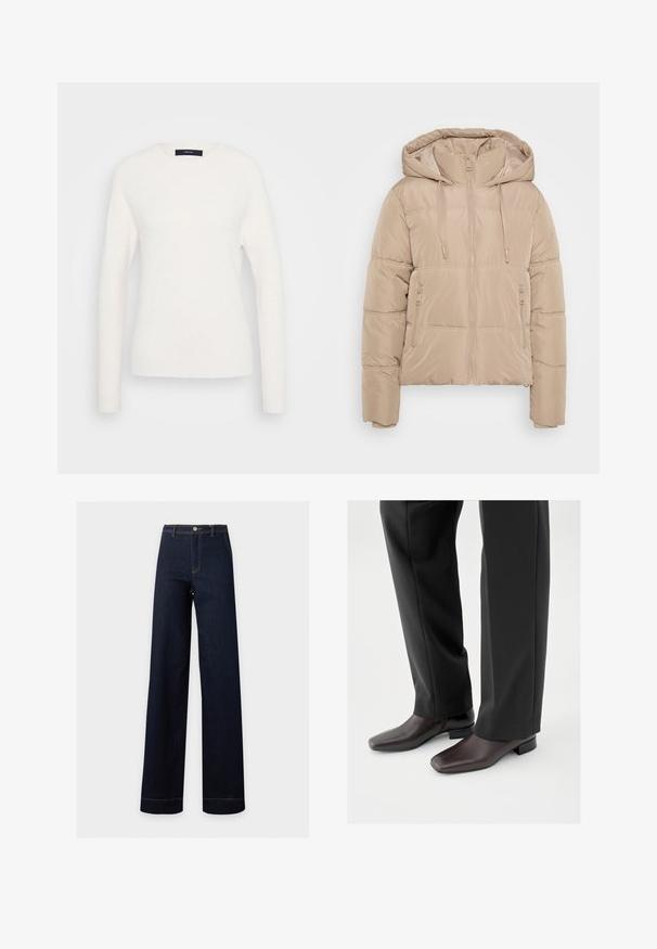 Veste d'hiver matelassée beige avec capuche, fermeture éclair à l'avant, cordons de serrage et deux poches latérales zippées, présentée sur fond blanc.; Pull blanc à manches longues avec col rond, doté de poignets et d'un ourlet côtelés, présenté sur un fond gris clair uni.; Jean bleu foncé taille haute à jambes larges avec fermeture par bouton et fermeture éclair, poches avant et coutures visibles.; Chaussures en cuir marron foncé avec un bout carré et un petit talon bloc, portées avec un pantalon noir sur mesure, affichant une apparence élégante et polie.