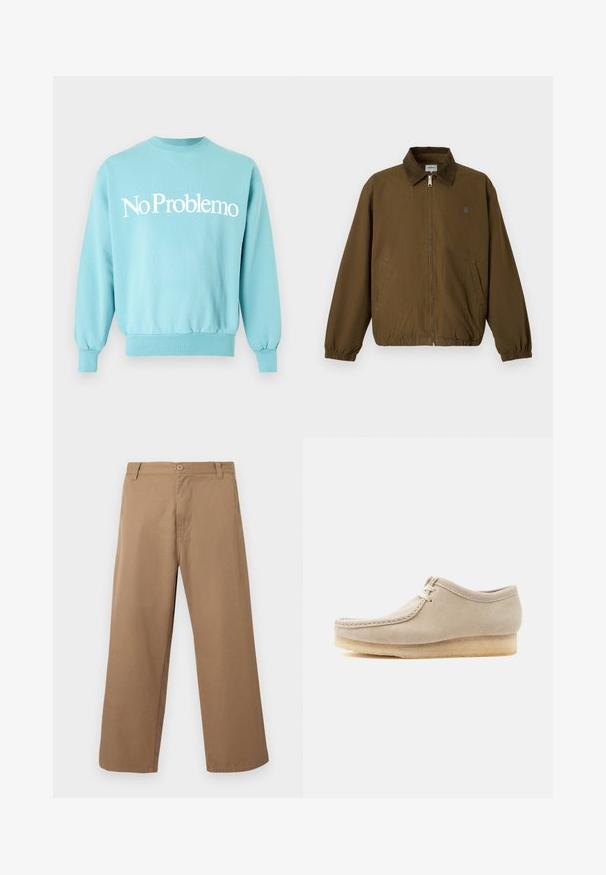 Veste marron zippée avec manches élastiques, deux poches latérales et un col foncé, présentée sur un fond clair uni.; Sweat-shirt bleu clair à col ras du cou avec texte blanc « No Problemo » centré sur le devant, manches longues et poignets et ourlet côtelés.; Pantalon beige à jambes larges avec passants pour ceinture, bouton sur le devant et fermeture éclair, présenté sur un fond clair uni.; Chaussure à lacets en daim beige avec semelle en crêpe, couture de style mocassin et conception basse à la cheville, isolée sur un fond clair.