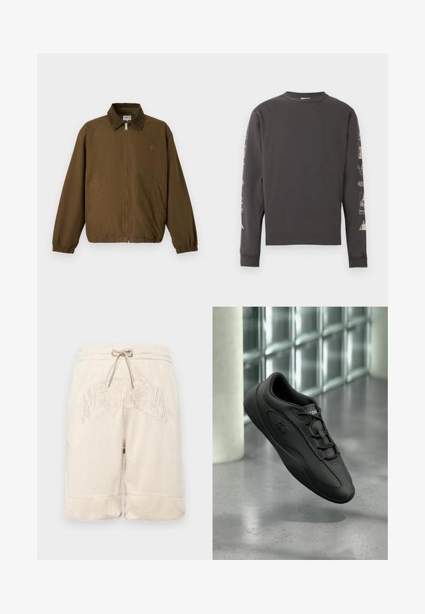 Chaqueta marrón con cremallera, puños elásticos, dos bolsillos laterales y un cuello oscuro, mostrada sobre un fondo claro y liso.; Camiseta gris oscuro de manga larga con cuello redondo y estampados gráficos blancos que recorren ambas mangas sobre un fondo blanco.; Shorts de malla beige con una superficie texturizada, que cuentan con una cintura ajustable mediante cordón y el logo "NEWERA" prominentemente bordado en la parte frontal.; Zapatilla negra Lacoste con cordones y panel lateral perforado, suspendida sobre un suelo de hormigón pulido cerca de una pared de bloques de vidrio.