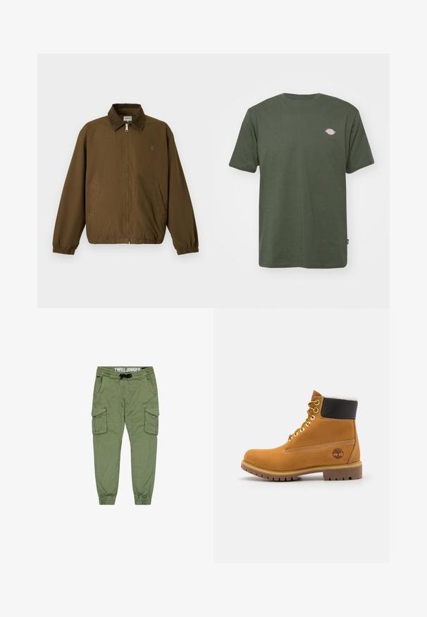 Brun lynlåsjakke med elastiske manchetter, to sidelommer og en mørk krave, vist mod en ensfarvet lys baggrund.; Olivengrøn bomulds T-shirt med rund hals, korte ærmer og et lille farvet logo på brystet. Glat tekstur, afslappet design.; Olivenfarvede twill joggers med elastiske manchetter, snoretræk i taljen og flere cargo-lommer til ekstra opbevaring. Glat, slidstærkt stof.; Brune læder ankelstøvle med metaløjer, hvid pelsforing, sort polstret krave, robust sål og præget logo på siden.