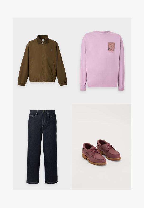 Braune Jacke mit Reißverschluss, elastischen Bündchen, zwei seitlichen Taschen und dunklem Kragen, vor einem schlichten hellen Hintergrund dargestellt.; Lavendelfarbenes Langarmshirt mit einer kleinen Grafik und Text auf der linken Brust, die ein detailliertes kreisförmiges Design zeigt.; Dunkelblaue gerade geschnittene Jeans aus Denim mit fünf Taschen und weißen Kontrastnähten, Knopfverschluss und Gürtelschlaufen.; Ein Paar kastanienbraune Leder-Bootsschuhe mit dicken hellbraunen Gummisohlen und roten Schnürsenkeln auf einem weißen Hintergrund.