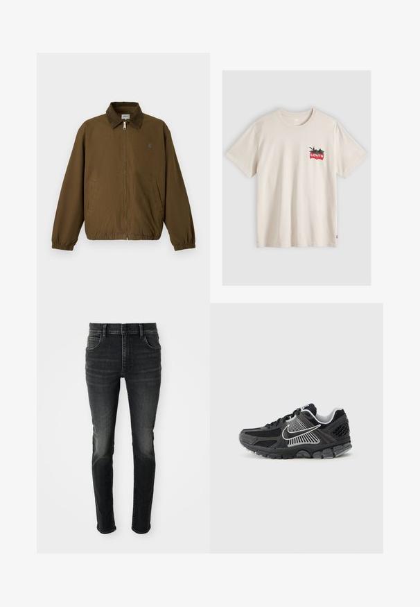 Brun lynlåsjakke med elastiske manchetter, to sidelommer og en mørk krave, vist mod en ensfarvet lys baggrund.; Beige kortærmet T-shirt med lille rødt Levi's-logo og grønt bladmotiv på venstre bryst.; Mørkegrå, højtraljede skinny jeans med en falmet look. Har fem lommer, bæltestropper og en klassisk knaplukning.; Sort atletiksko med meshpaneler og syntetiske detaljer. Har en rundet tå, tyk polstret sål og kontrasterende hvide logodetaljer.