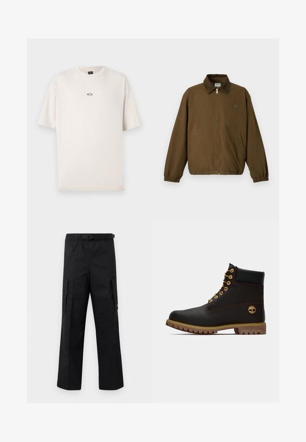 Braune Jacke mit Reißverschluss, elastischen Bündchen, zwei seitlichen Taschen und dunklem Kragen, vor einem schlichten hellen Hintergrund dargestellt.; Oakley RISE TEE - T-Shirt basic - mist; Schwarze Cargo-Hosen mit weitem Schnitt, verstellbarem Bund mit Schnalle und zwei Seitentaschen zur Aufbewahrung. Leichtes Material.; Schwarze Leder-Ankle-Boots mit goldenen Ösen, braunen Akzenten und einer Gummisohle. Verfügt über einen gepolsterten Schaft und ein geprägtes Logo an der Seite.