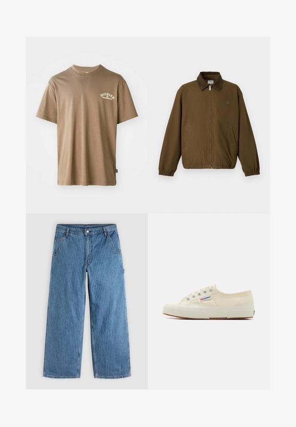 Bruine jas met rits, elastische manchetten, twee zijzakken en een donkere kraag, afgebeeld tegen een effen lichte achtergrond.; Bruine katoenen T-shirt met een ronde hals, korte mouwen en een wit logo met de tekst "Dickies Workwear" op de linkerkant van de borst.; Blauwe jeans met wijde pijpen en dunne witte verticale spijkerstreepjes, voorzakken, riemlussen en een knoopsluiting in de taille.; Beige canvas sneaker met een laag profiel, metalen oogjes en rubberen zool. Beschikt over een textuurpatroon en logodetail aan de zijkant.