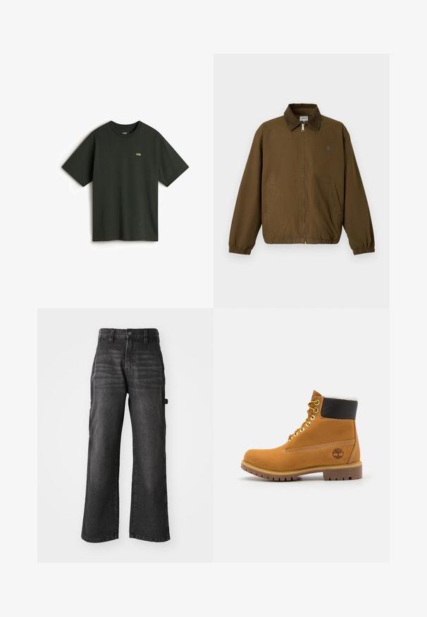 Chaqueta marrón con cremallera, puños elásticos, dos bolsillos laterales y un cuello oscuro, mostrada sobre un fondo claro y liso.; Vans Camiseta básica - dark green; Pantalones de mezclilla negros de pierna ancha, hechos de algodón suave con un acabado desgastado. Cuenta con un cierre de botón en la parte delantera y bolsillos laterales.; Botín de cuero marrón con ojales de metal, forro de piel sintética blanca, cuello acolchado negro, suela resistente y logotipo en relieve en el costado.