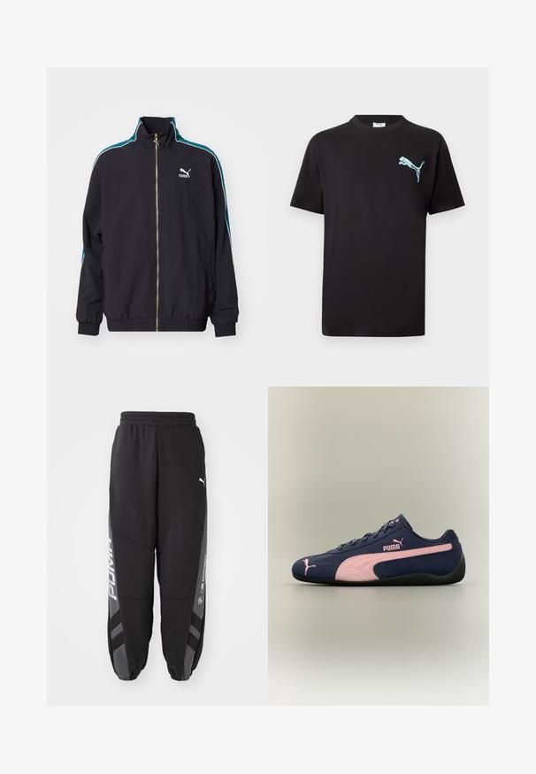Puma T7 PLAY.LOUD. TRACK - Træningsjakke - puma black; Sort T-shirt med korte ærmer og lille lyseblåt Puma-logo på venstre bryst mod hvid baggrund.; Sorte joggebukser lavet af blødt materiale. Har elastisk talje, tapered ben, grå detaljer og hvide logoer på siderne.; Mørkeblå Puma-sneaker med lyserøjt logo og sidelæs, sort sål og lavprofil design vist fra siden.