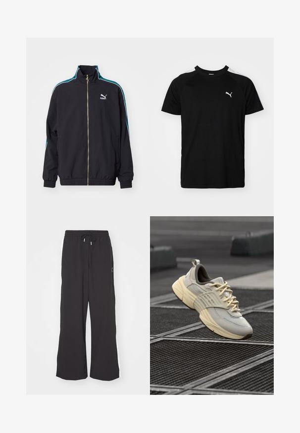 Puma T7 PLAY.LOUD. TRACK - Trainingsjacke - puma black; Schwarzes Kurzarm-T-Shirt mit weißen Akzentstreifen auf den Schultern, runden Halsausschnitt und kleinem weißen Logo auf der linken Brust. Weicher Stoff, klassische Passform.; Schwarze weite Sweatpants mit elastischem Bund und Kordelzug. Mit weißen Seitenstreifen und zwei Seitentaschen. Glatte Textur.; Beige Netzsneaker mit hellgrauen Akzenten, strukturierten Sohlen und flachen Schnürsenkeln, ausgestattet mit einem gepolsterten Kragen und einer skulptierten Gummisohle.
