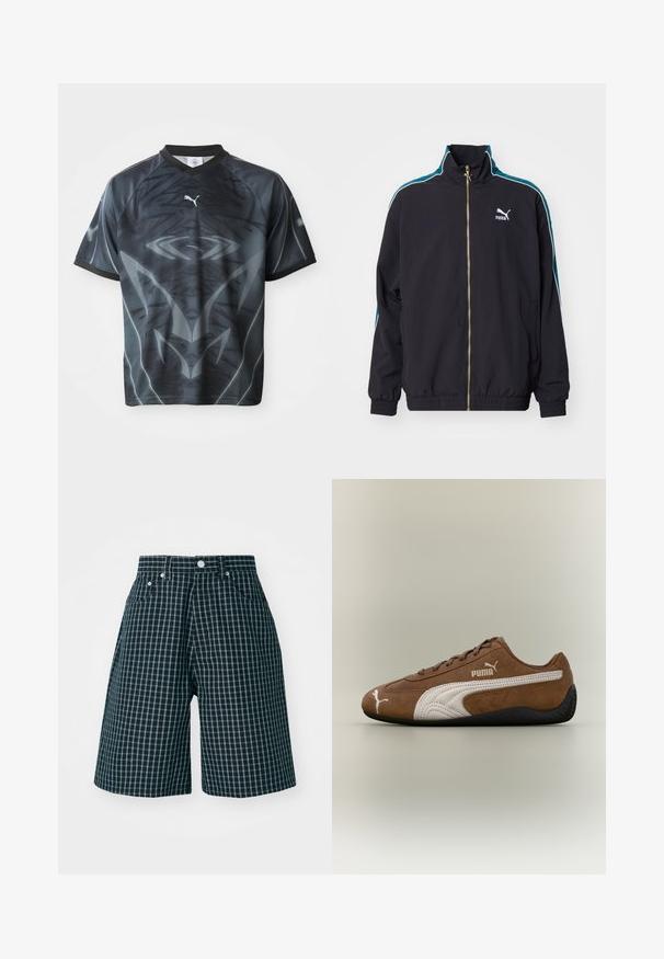 Puma T7 PLAY.LOUD. TRACK - Trainingsvest - puma black; Korte mouwen zwart en grijs sportshirt met een tribal-achtige patronen en een klein wit Puma-logo op de voorkant.; Geruite shorts in donker marineblauw met een wit rasterpatroon. Gemaakt van geweven stof, met een middelhoge taille en voorzakken.; Bruine suède sneaker met witte accenten en een gestructureerd ontwerp. Heeft een zwarte rubberen zool en een opvallend Puma-logo aan de zijkant.