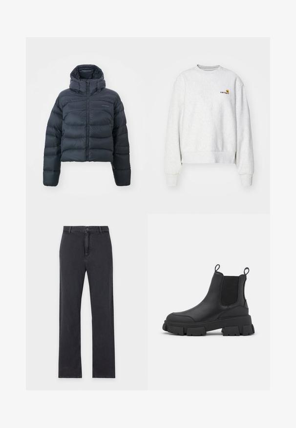 Salomon OUTLINE CROP - Gewatteerde jas - deep black; Grijze crewneck sweatshirt van een zachte stof met geribbelde manchetten en onderrand; voorzien van een geborduurd logo op de borst in geel en bordeauxrood.; Zwarte jeans met rechte pijpen, knoop- en ritssluiting aan de voorkant, riemlussen en klassiek ontwerp met vijf zakken, plat gelegd op een witte achtergrond.; Zwarte leren Chelsea-boots met een robuuste rubberen zool, voorzien van elastische zijpanelen en trekriempjes voor gemakkelijk aan- en uittrekken. Gladde afwerking, textuuraccenten.