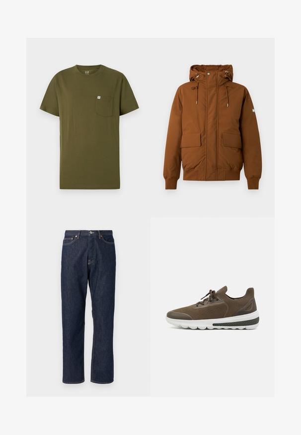 Chaqueta marrón con capucha y cremallera al frente, dos grandes bolsillos frontales, cordón en la capucha y puños elásticos. Tejido texturizado y cálido.; Camiseta de algodón verde oliva con cuello redondo, mangas cortas y un bolsillo en el pecho izquierdo que presenta una pequeña etiqueta de la marca. Textura suave.; Jeans de mezclilla azul oscuro con un diseño de pierna recta. Cuenta con un cierre de botón y cremallera, cinco bolsillos y detalles de costura en contraste.; Zapatillas deportivas de color marrón oscuro con parte superior de punto, puntera redondeada, detalles texturizados y suela blanca con un acento estampado.