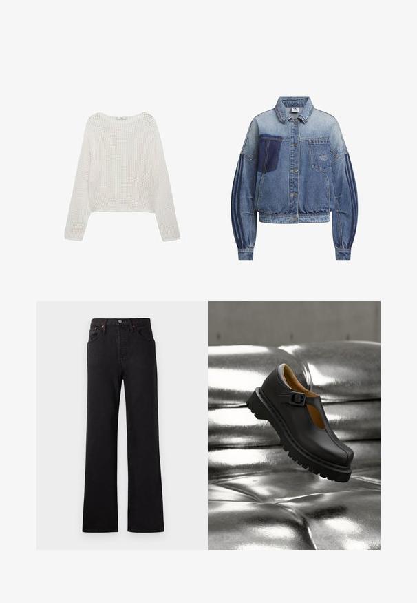 Denimjakke i forskellige nuancer af blå med knaplukning foran, lange pufærmer og et broderet logo på brystlommen.; Hvid, langærmet striktrøje med et løst, struktureret mønster og en cropped pasform. Enkel halsudskæring og ribbet kantdetalje.; Højtaljede sorte denimjeans med klokkeformede ben, der har synlige syninger, fem-lomme design og detaljer i kobberfarvet metal.; Sort læder Mary Jane-sko med tyk rillede sål og spænde-rem, svævende over en skinnende sølvfarvet polstret overflade.