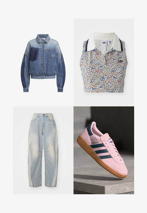 Spijkerjack in verschillende blauwtinten met een knoopsluiting aan de voorkant, lange pofmouwen en een geborduurd logo op het borstzakje.; Bloemige crop top met een witte basis en blauwe, rode en gele bloemen. Inclusief een witte kraag met marineblauwe accenten en een geborduurd logo.; Lichtblauwe denim jeans met een losse pasvorm, voorzien van witte strepen aan de zijkanten, verweringdetails en een knoopsluiting in de taille.; Lichtroze suède sneaker met marineblauwe drie strepen, rubberen zool en lichtroze veters. Heeft het "SPEZIAL"-logo aan de zijkant.