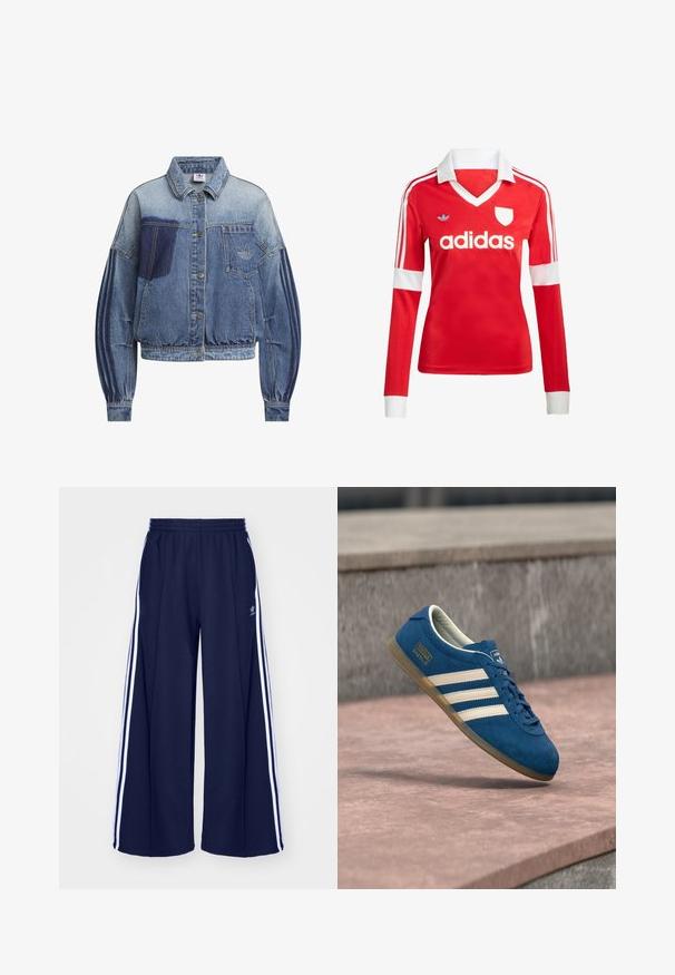 Denimjakke i forskellige nuancer af blå med knaplukning foran, lange pufærmer og et broderet logo på brystlommen.; Rød langærmet fodboldtrøje med hvid krave og manchetter. Har tre hvide striber på skuldrene og "adidas" logoet fremtrædende vist.; adidas Originals PANT - Træningsbukser - night indigo; Blå ruskindsneaker med cremefarvede striber og snørebånd, sål af gummiridse, tekstureret overflade, rundet tå og mærkning på siden.