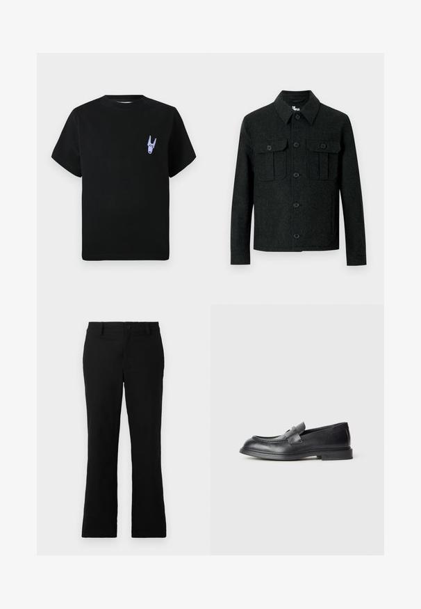 Sort ulden jakke med lange ærmer, spids krave, knaplukning foran og to brystlommer med knapklap mod en hvid baggrund.; Sort bomulds T-shirt med korte ærmer, med en lille lilla grafisk detalje på venstre brystområde. Enkel, kasseformet design.; Sorte flagrende bukser lavet af en blanding af bomuldsstof, med knaplukning, bælteløkker og en glat tekstur uden synlige mønstre.; Sorte læder loafers med en struktureret finish, der har en dekorativ frontrem og en rundet tå. Gummisål for holdbarhed.